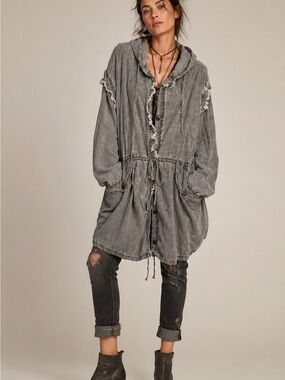 NSF Oversized Distressed Hooded Cardigan Jacket Washed Gray Boho Lagenlook